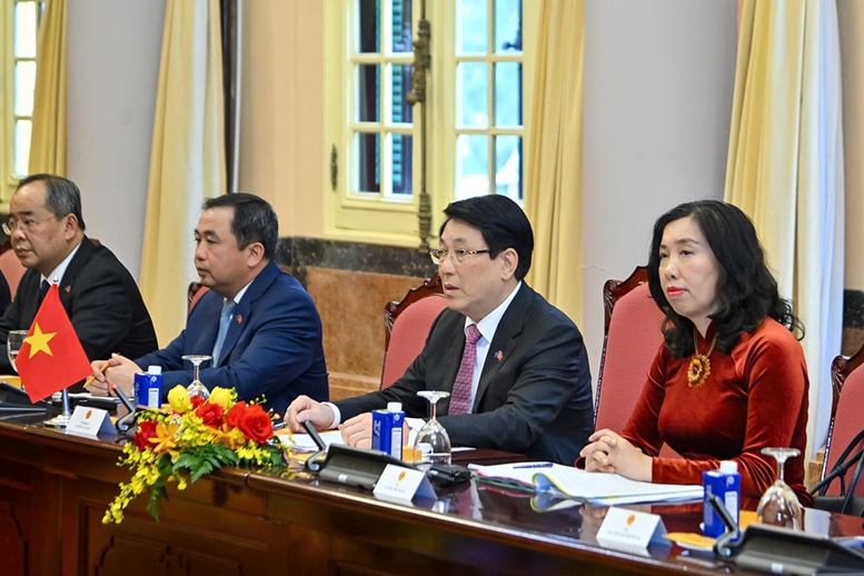 Chủ tịch nước Lương Cường và đoàn cấp cao Việt Nam tham dự hội đàm. Ảnh: TTXVN