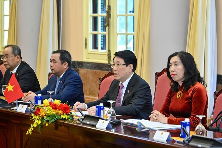 Chủ tịch nước Lương Cường và đoàn cấp cao Việt Nam tham dự hội đàm. Ảnh: TTXVN