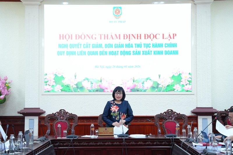 Thứ trưởng Bộ Tư pháp Đặng Hoàng Oanh phát biểu tại cuộc họp thẩm định. Ảnh: MOJ.