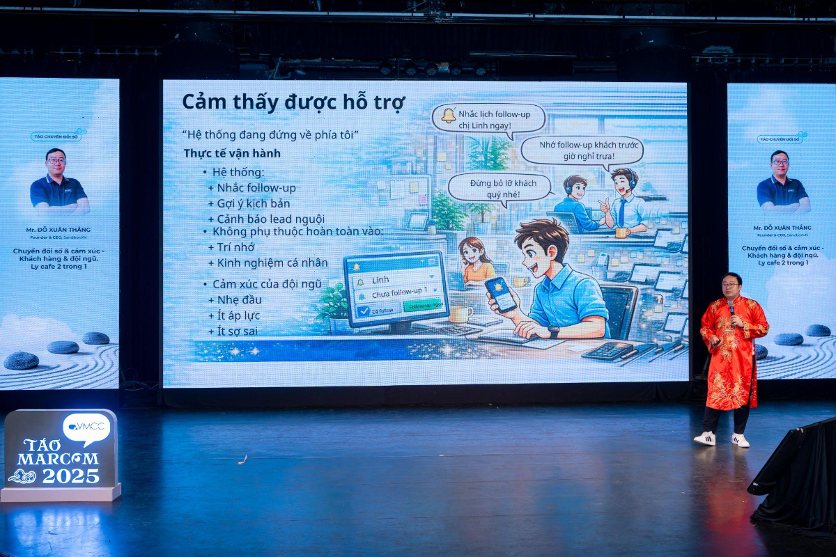 “Táo” Chuyển đổi số Đỗ Xuân Thắng, Nhà sáng lập & CEO Sandbox VN đã nhấn mạnh vai trò của công nghệ trong việc triển khai các chiến dịch Marketing cảm xúc. Ảnh: VMCC