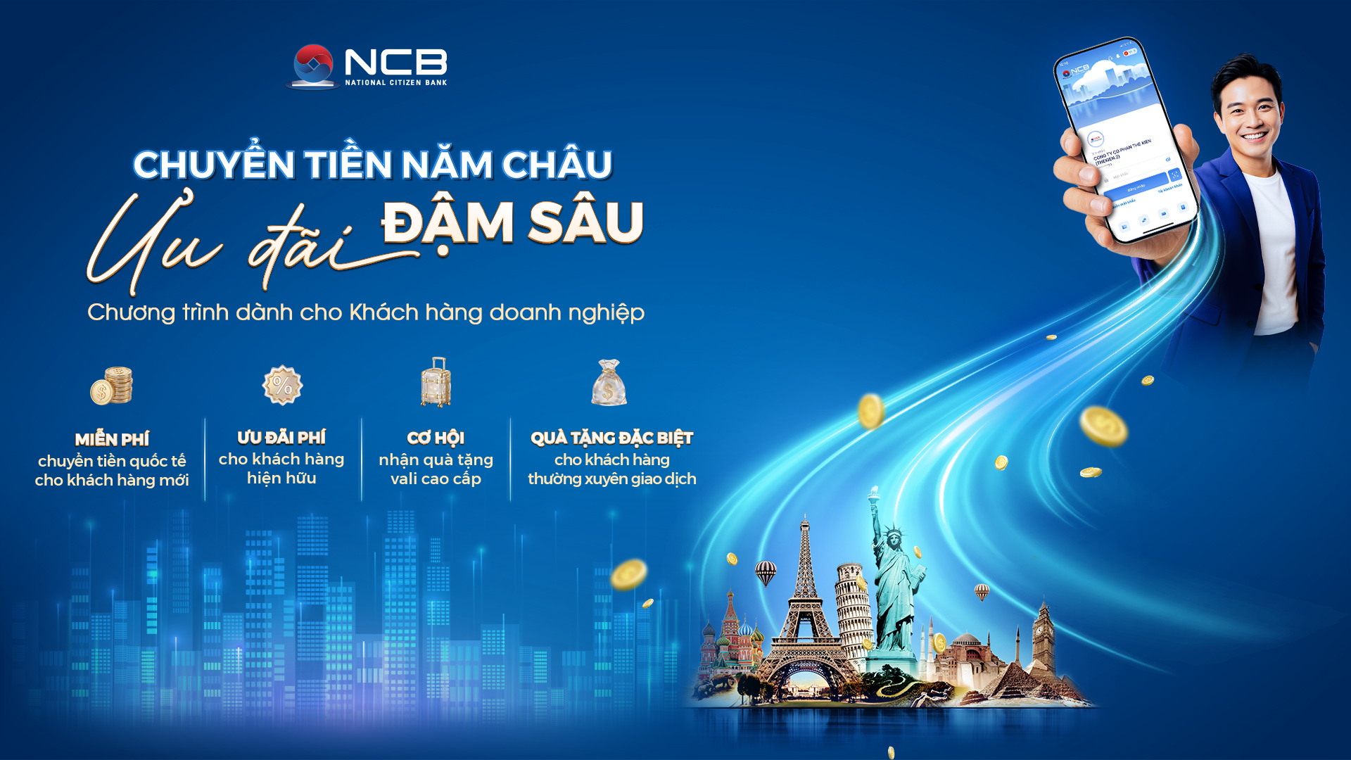 NCB miễn hoàn toàn phí nhận tiền từ nước ngoài vào tài khoản doanh nghiệp tại NCB. Ảnh: NCB.