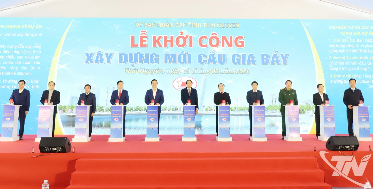 Các đại biểu thực hiện nghi thức khởi công dự án. Ảnh: Báo Thái Nguyên.