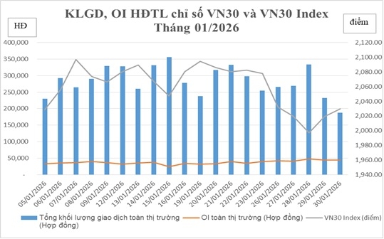 Biểu đồ khối lượng giao dịch, OI hợp đồng tương lai chỉ số VN30 và VN30 Index.