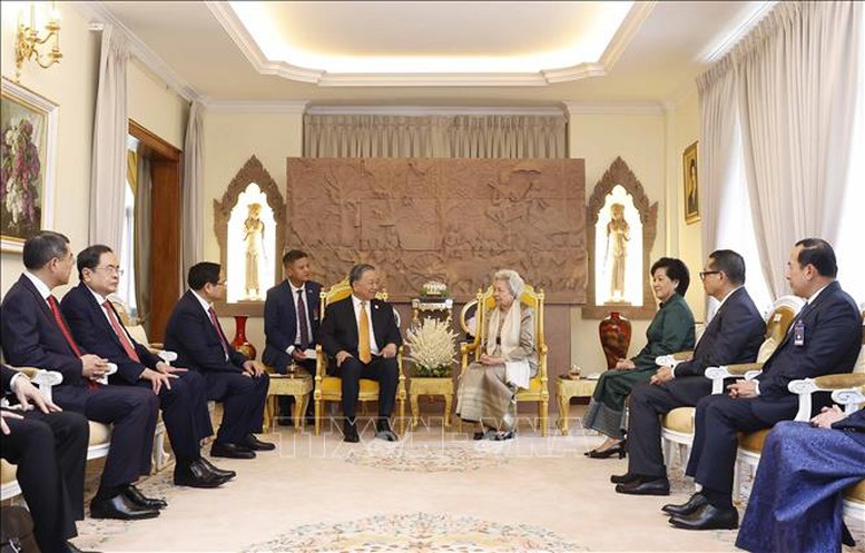 Tổng Bí thư Tô Lâm thăm hỏi, nói chuyện thân mật với Hoàng thái hậu Norodom Monineath Sihanouk. Ảnh: TTXVN