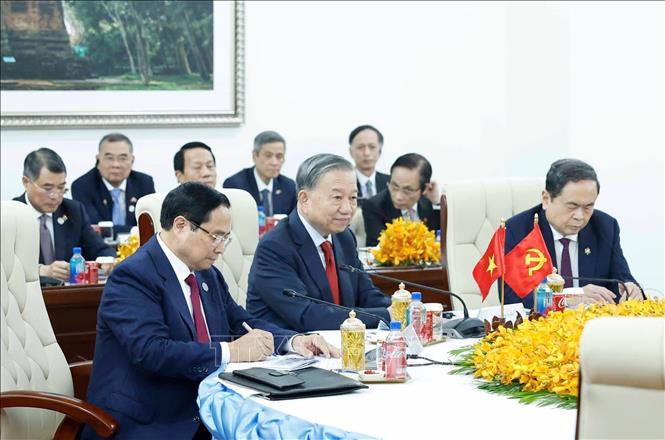 Tổng Bí thư Tô Lâm, Thủ tướng Phạm Minh Chính, Chủ tịch Quốc hội Trần Thanh Mẫn tại Cuộc gặp. Ảnh: TTXVN