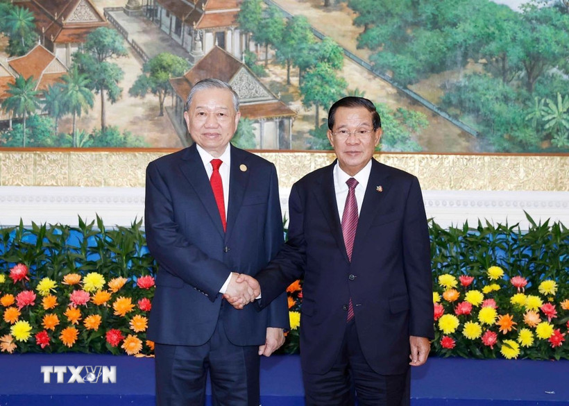 Tổng Bí thư Tô Lâm và Chủ tịch Đảng Nhân dân Campuchia Hun Sen. Ảnh: TTXVN