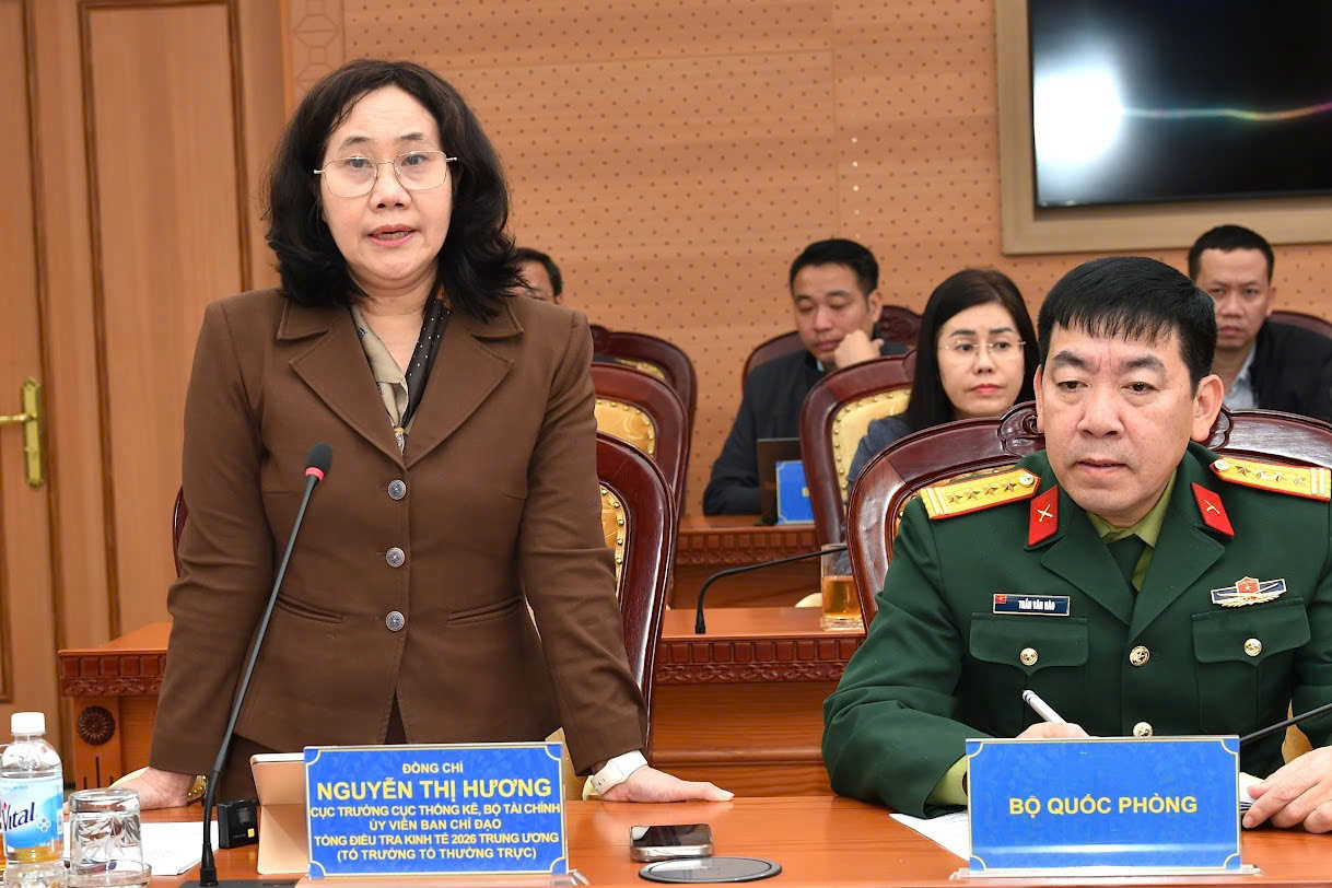 Bà Nguyễn Thị Hương, Cục trưởng Cục Thống kê báo cáo tại cuộc họp.