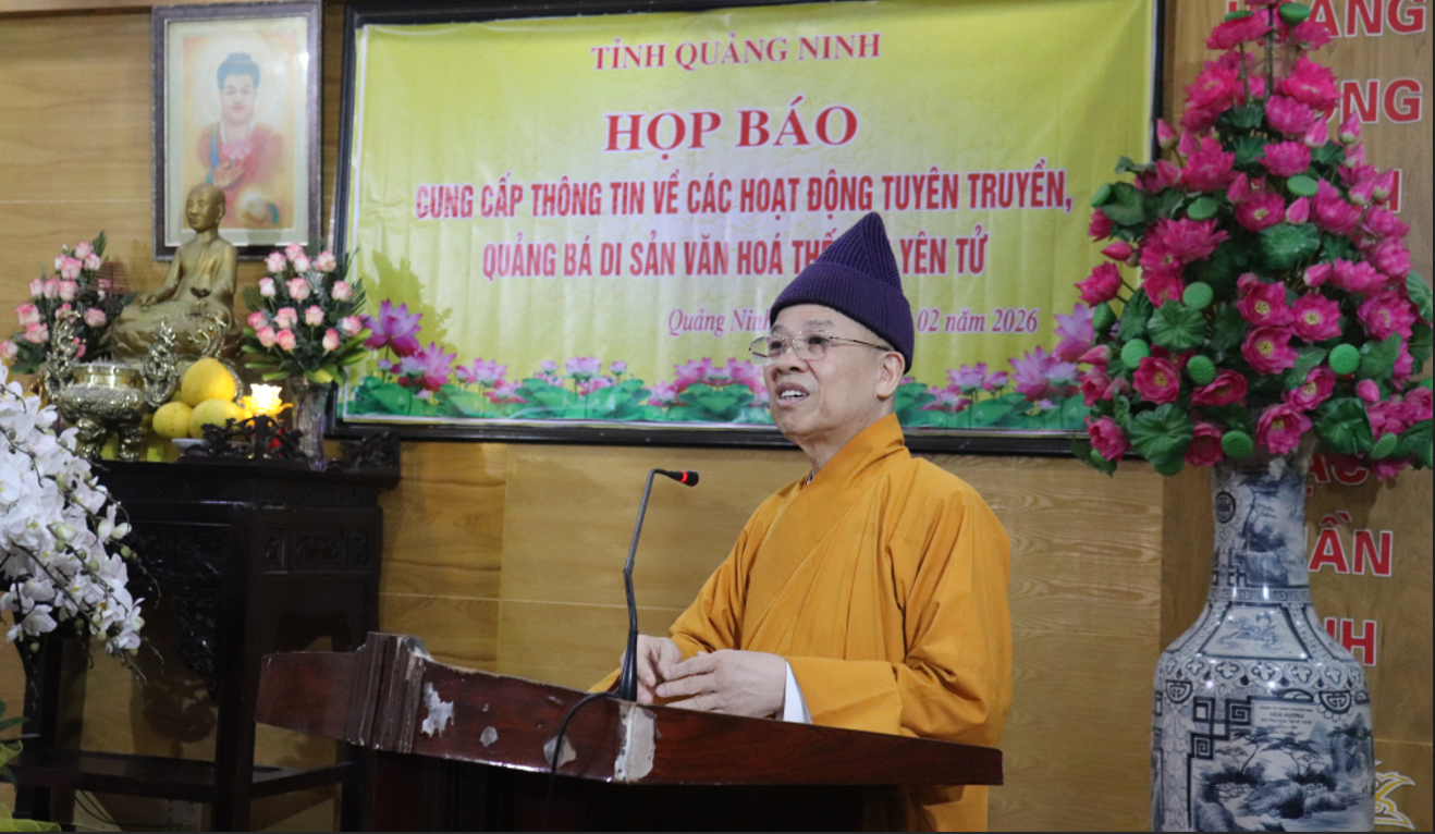 Hoà thượng Thích Thanh Quyết, Phó Chủ tịch Hội đồng Trị sự Giáo hội Phật giáo Việt Nam, Trụ trì Quần thể chùa ở Yên Tử phát biểu tại họp báo giới thiệu Lễ hội Xuân Yên Tử 2026.
