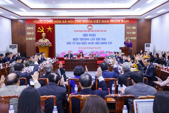 Quang cảnh Hội nghị hiệp thương lần thứ hai của Đoàn Chủ tịch Ủy ban Trung ương Mặt trận Tổ quốc Việt Nam. Ảnh: Mặt trận.