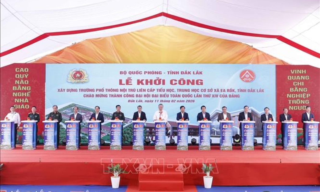 Tổng Bí thư Tô Lâm dự Lễ khởi công xây dựng Trường Phổ thông nội trú liên cấp Tiểu học, Trung học cơ sở xã Ea Rốk (tỉnh Đắk Lắk), do Bộ Tổng Tham mưu Quân đội nhân dân Việt Nam phối hợp với UBND tỉnh Đắk Lắk tổ chức. Ảnh:TTXVN