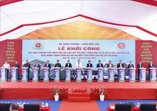 Tổng Bí thư Tô Lâm dự Lễ khởi công xây dựng Trường Phổ thông nội trú liên cấp Tiểu học, Trung học cơ sở xã Ea Rốk (tỉnh Đắk Lắk), do Bộ Tổng Tham mưu Quân đội nhân dân Việt Nam phối hợp với UBND tỉnh Đắk Lắk tổ chức. Ảnh:TTXVN