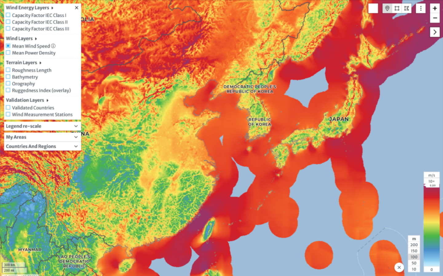 Theo dữ liệu từ Global Wind Atlas, tốc độ gió trung bình quanh các vùng ven biển Hàn Quốc cho thấy tiềm năng phát triển điện gió đáng kể; đã có 42 dự án điện gió ngoài khơi (2021) với tổng công suất khoảng 7,7 GW. Nguồn: Global Wind Atlas