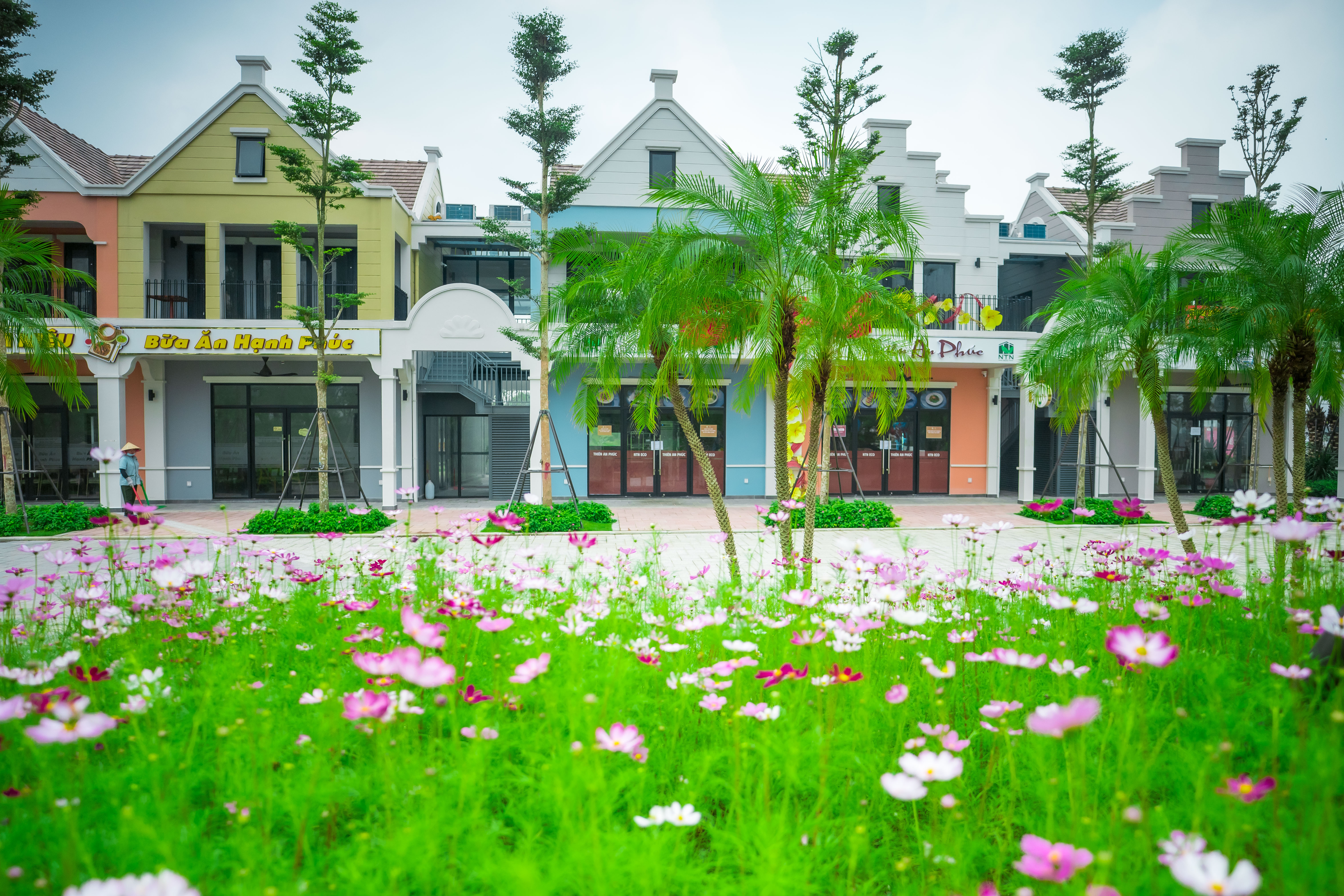 Khu thương mại dịch vụ Eco Bazaar được trang hoàng rực rỡ bởi nhiều sắc hoa. Ảnh: Ecopark.