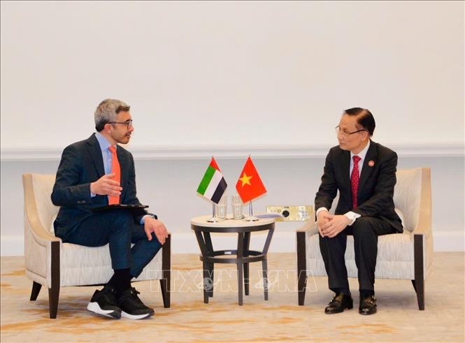 Bộ trưởng Ngoại giao Lê Hoài Trung gặp Phó Thủ tướng, Bộ trưởng Ngoại giao Các tiểu vương quốc Ảrập thống nhất (UAE), Hoàng thân Abdullah bin Zayed Al-Nahyan. Ảnh: TTXVN 