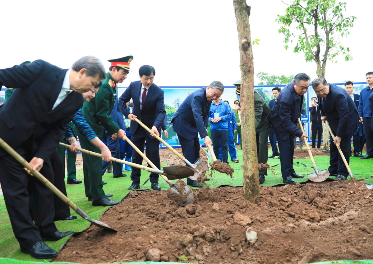 Tổng Bí thư Tô Lâm và lãnh đạo Đảng, Nhà nước, TP Hà Nội trồng cây tại khuôn viên dự án Bảo tàng Đảng Cộng sản Việt Nam. Ảnh: TTXVN