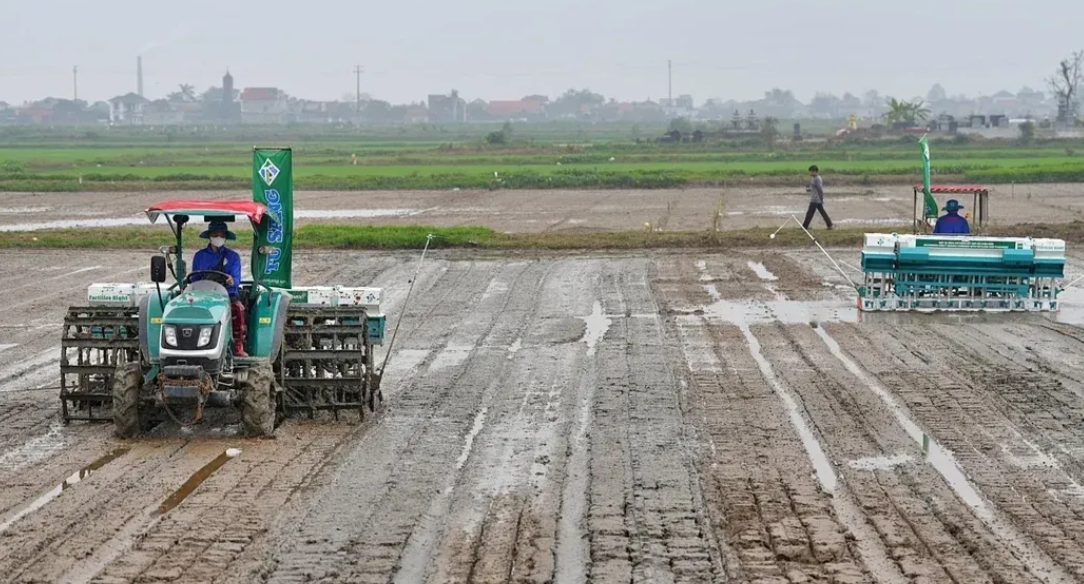 Máy gieo sạ hiện đại vận hành trên cánh đồng