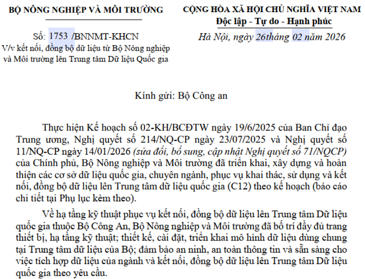 Công văn của Bộ Nông nghiệp và Môi trường.