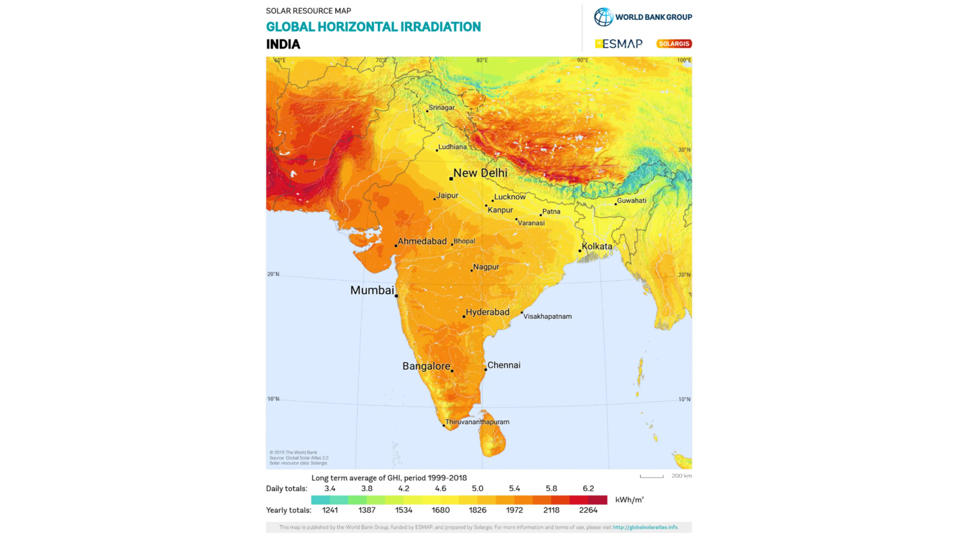 Bản đồ tài nguyên mặt trời của Ấn Độ với các khu vực phía Nam và Tây Bắc (Rajasthan, Gujarat, Andhra Pradesh) có màu cam – đỏ đậm, cho thấy tiềm năng rất lớn. Nguồn: Solar GIS