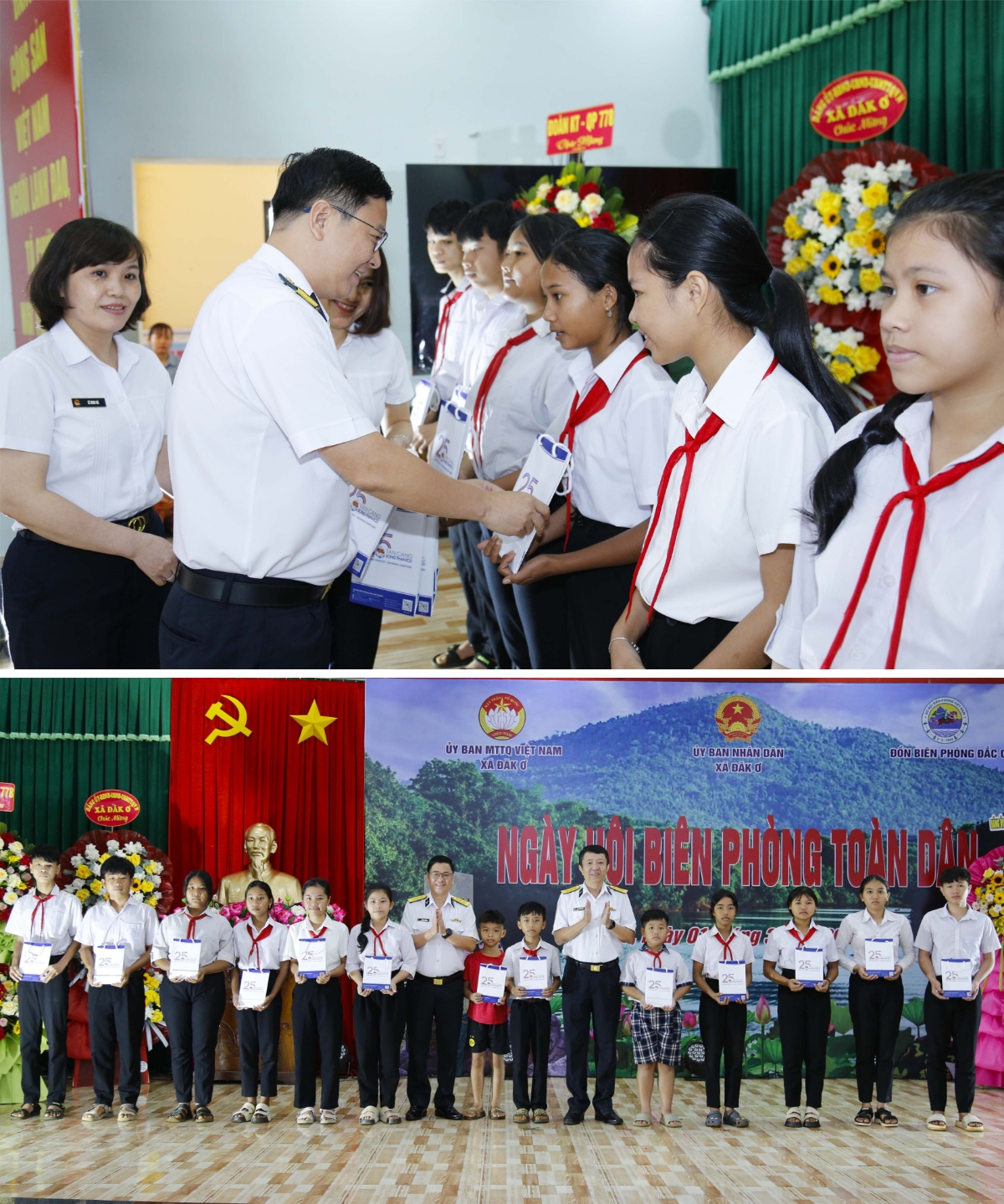 Lãnh đạo Công ty CP ICD Tân Cảng Sóng Thần tặng quà cho học sinh nghèo hiếu học.