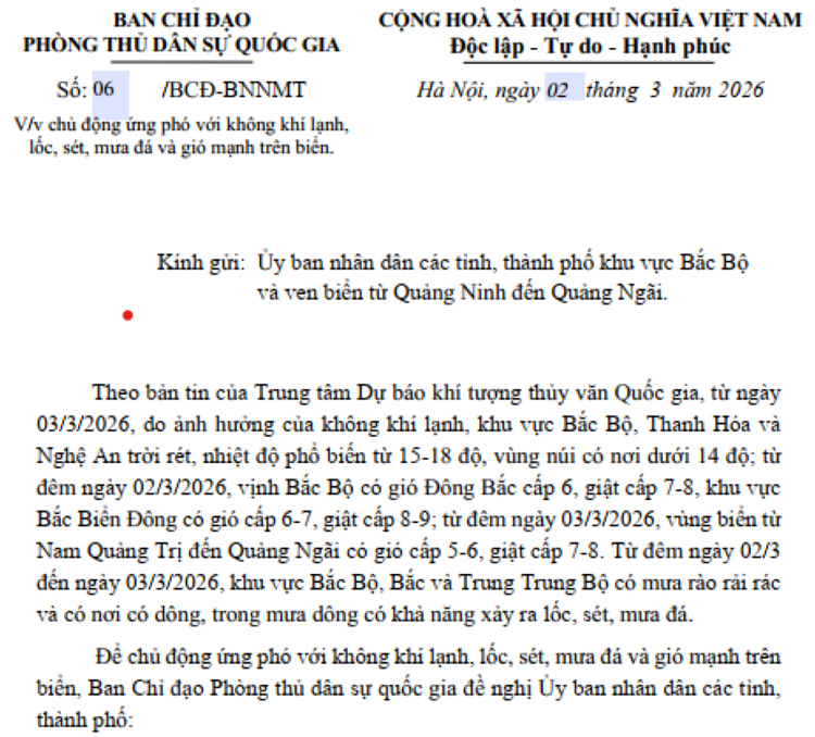 Công văn của Ban Chỉ đạo phòng thủ dân sự quốc gia.