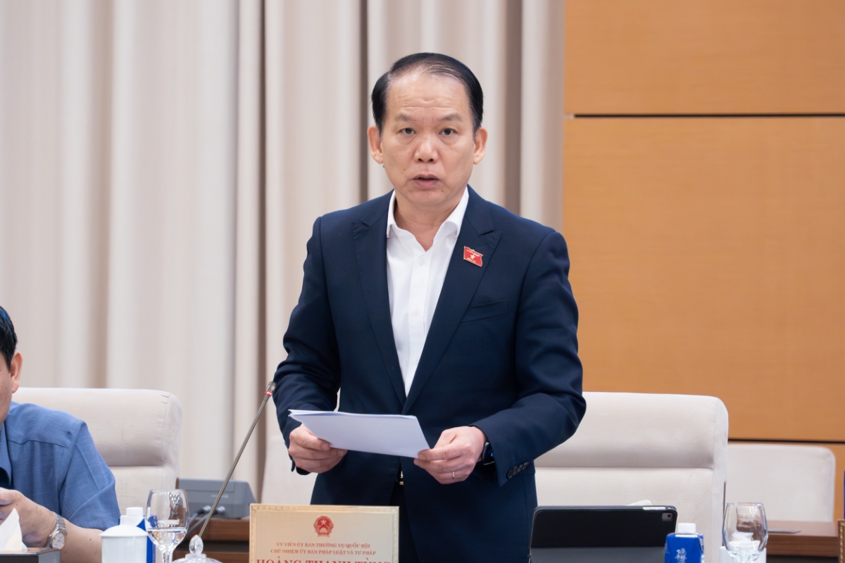 Chủ nhiệm Ủy ban Pháp luật và Tư pháp Hoàng Thanh Tùng trình bày Báo cáo thẩm tra sơ bộ dự án luật.&nbsp;Ảnh: Quốc hội.