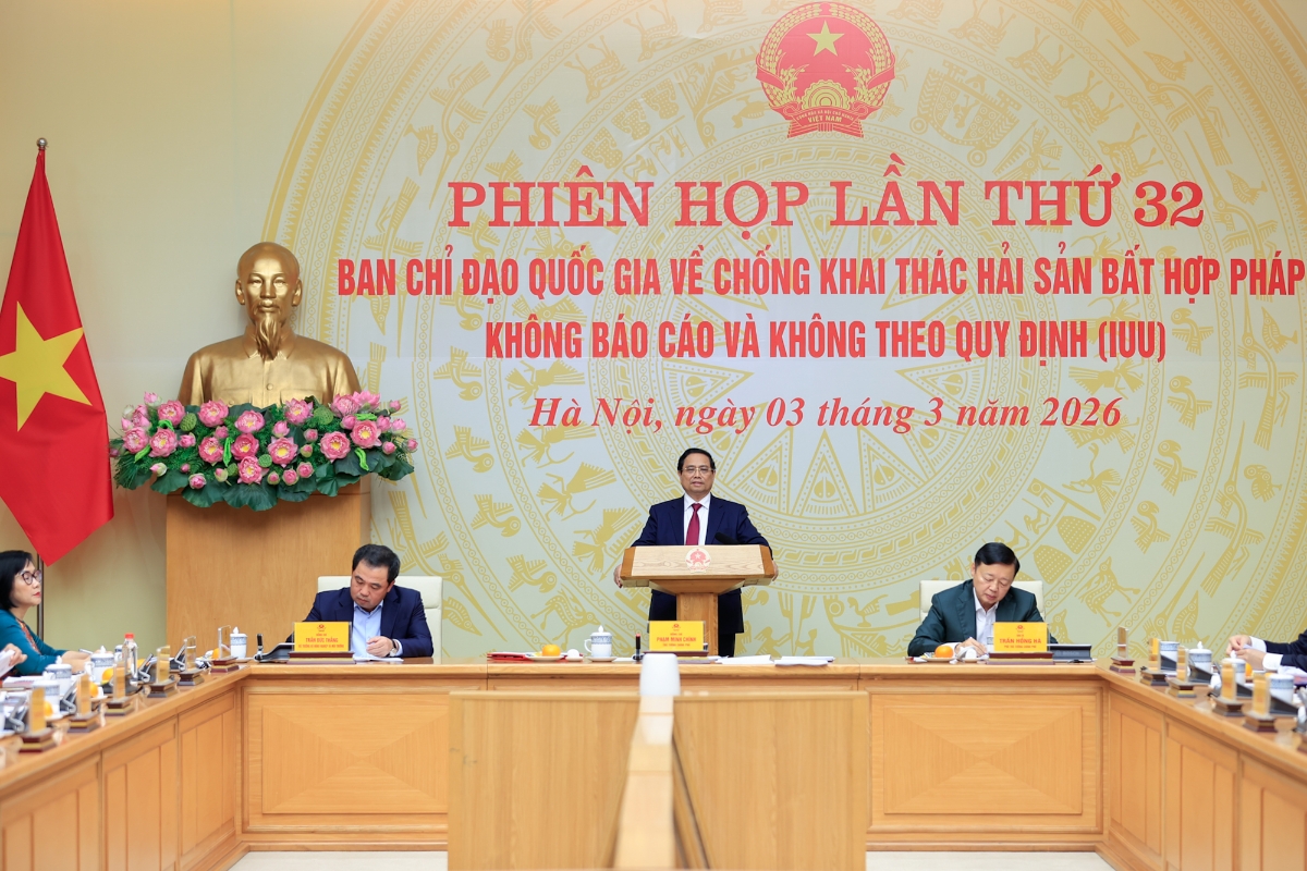 Thủ tướng Phạm Minh Chính chủ trì phiên họp lần thứ 32 của Ban Chỉ đạo quốc gia về IUU. Ảnh: VPG.