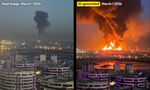 Bức ảnh thật (bên trái) và bức ảnh do AI chỉnh sửa. Ảnh: Financial Times