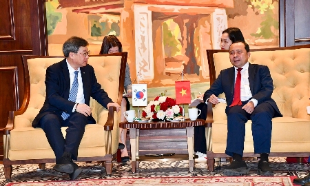 Thứ trưởng Thường trực Bộ Khoa học và Công nghệ Vũ Hải Quân tiếp và làm việc với ông Park Yunkyu, Chủ tịch Cơ quan Xúc tiến Công nghiệp Công nghệ Thông tin Quốc gia Hàn Quốc (NIPA).