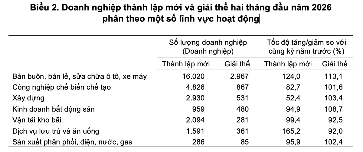 Doanh nghiệp thành lập mới và giải thể hai tháng đầu năm 2026                                   phân theo một số lĩnh vực hoạt động. Nguồn: Cục Thống kê, Bộ Tài chính.