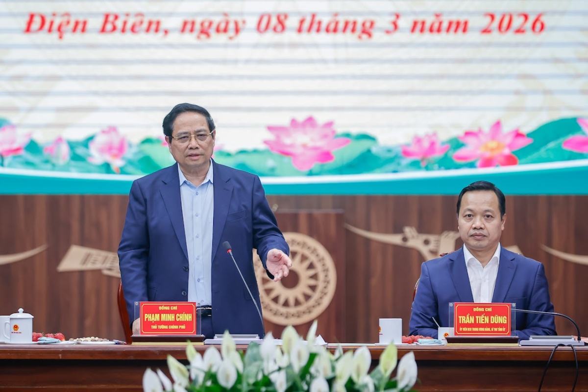 Thủ tướng Phạm Minh Chính tại buổi làm việc với tỉnh Điện Biên vào chiều ngày 8/3. (Ảnh: VGP)