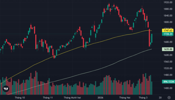 VN-Index và các dường MA100 ngày, 200 ngày.