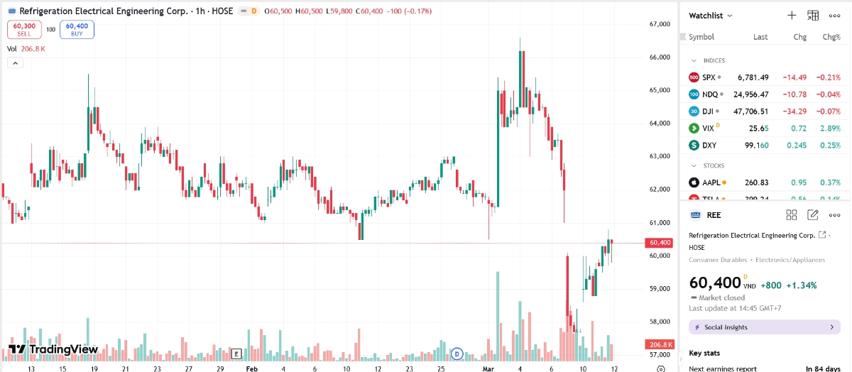Sơ đồ giá cổ phiếu REE trên TradingView.