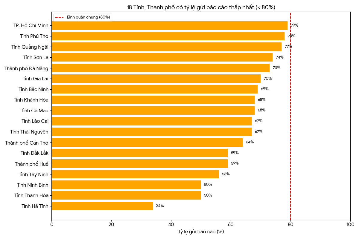 Các tỉnh, thành phố có tỷ lệ gửi báo cáo dưới mức bình quân chung. Nguồn: Bộ Tài chính