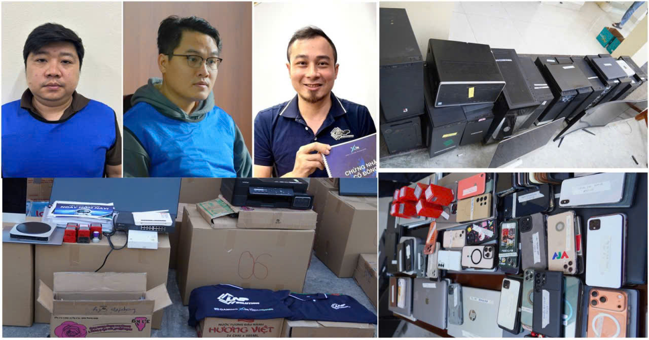 Các đối tượng Nguyễn Băng Thảo, Nguyễn Duy Thịnh, Hà Tuấn Dũng (từ trái qua phải) và tang vật liên quan đến chuyên án. Ảnh: Công an Thanh Hóa.