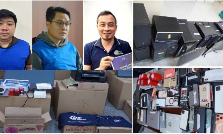 Các đối tượng Nguyễn Băng Thảo, Nguyễn Duy Thịnh, Hà Tuấn Dũng (từ trái qua phải) và tang vật liên quan đến chuyên án. Ảnh: Công an Thanh Hóa.