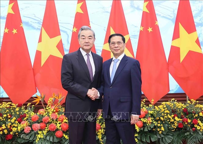 Phó Thủ tướng Bùi Thanh Sơn đón Bộ trưởng Ngoại giao Trung Quốc Vương Nghị. Ảnh: TTXVN