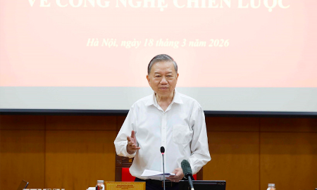 Tổng Bí thư Tô Lâm, Trưởng Ban Chỉ đạo Trung ương về phát triển khoa học, công nghệ, đổi mới sáng tạo và chuyển đổi số phát biểu chỉ đạo tại Phiên họp chuyên đề về công nghệ chiến lược chiều 18/3 - Ảnh: TTXVN.