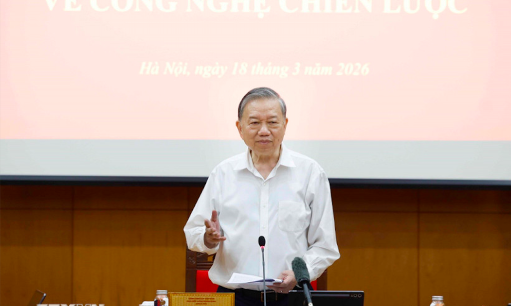 Tổng Bí thư Tô Lâm, Trưởng Ban Chỉ đạo Trung ương về phát triển khoa học, công nghệ, đổi mới sáng tạo và chuyển đổi số phát biểu chỉ đạo tại Phiên họp chuyên đề về công nghệ chiến lược chiều 18/3 - Ảnh: TTXVN.