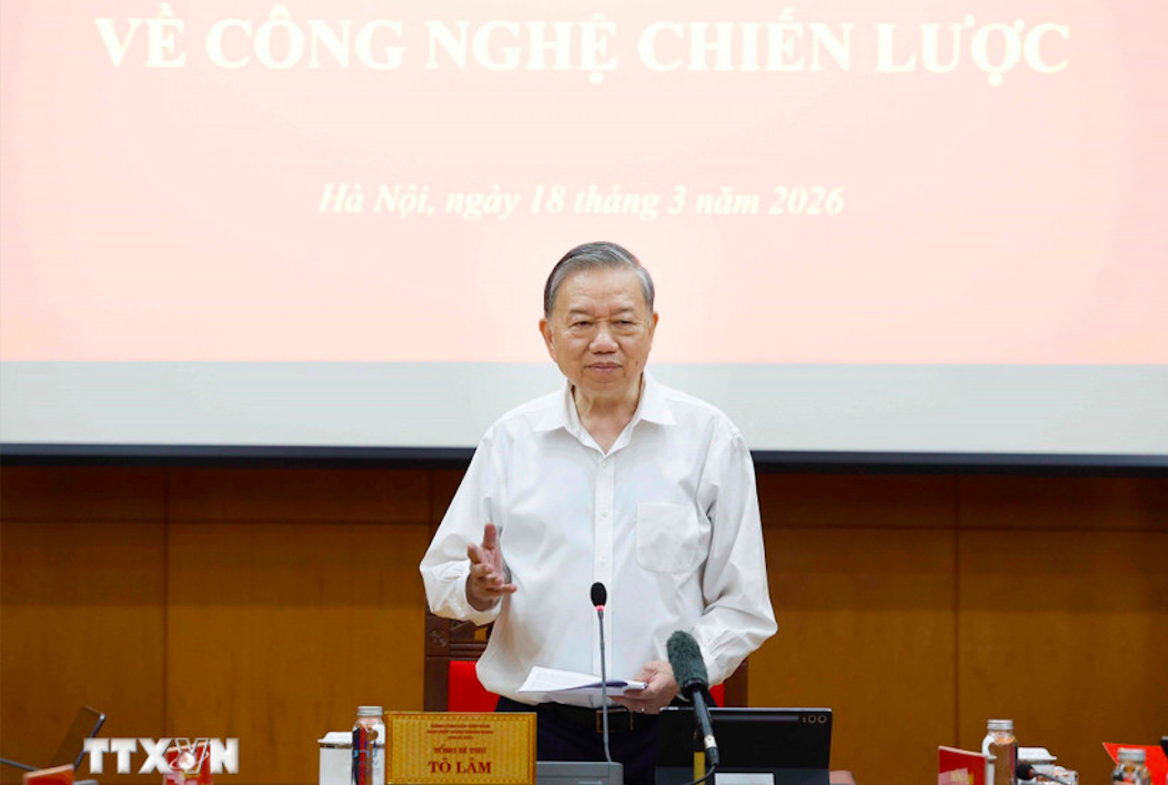 Tổng Bí thư Tô Lâm, Trưởng Ban Chỉ đạo Trung ương về phát triển khoa học, công nghệ, đổi mới sáng tạo và chuyển đổi số phát biểu chỉ đạo tại Phiên họp chuyên đề về công nghệ chiến lược chiều 18/3 - Ảnh: TTXVN.