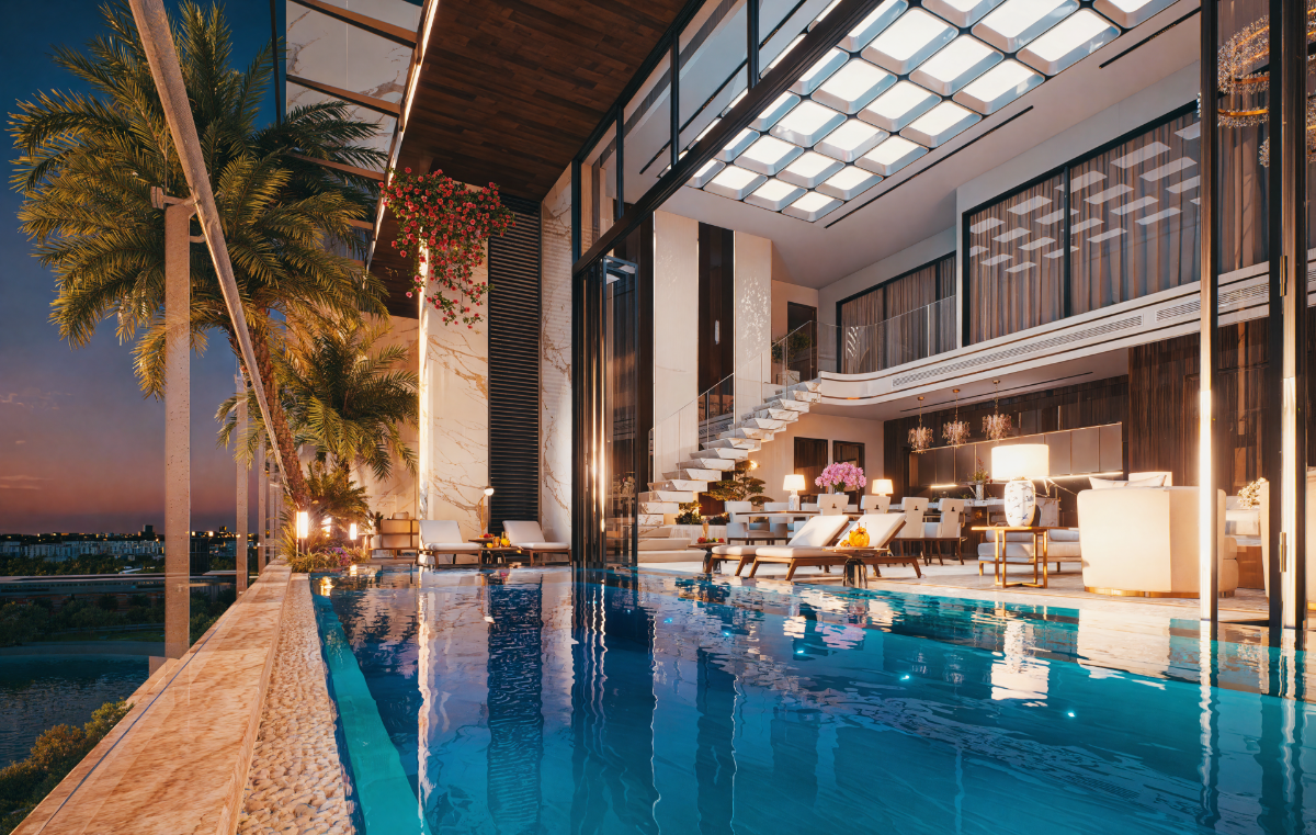 100% dinh thự sở hữu bể bơi và sân vườn riêng, đúng chuẩn dinh thự giữa tầng không, mô hình vốn chỉ xuất hiện ở những địa hạt của Branded Residences siêu sang như Dubai, London hay Singapore.