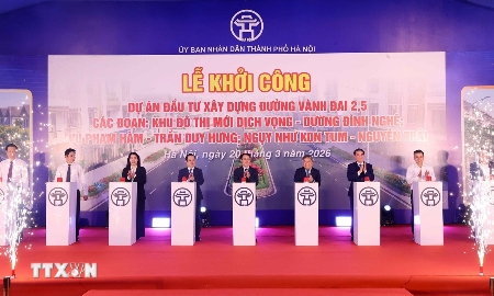 Các đại biểu thực hiện nghi thức khởi công. Ảnh: TTXVN