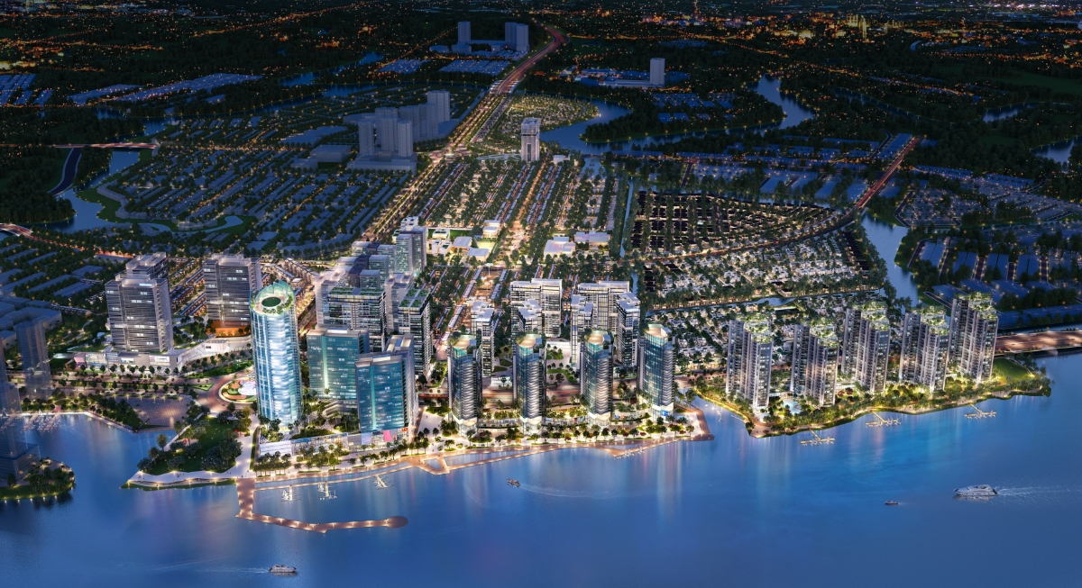 Phối cảnh không gian đô thị ven sông Đồng Nai với khu thương mại và khu nhà ở hiện đại.