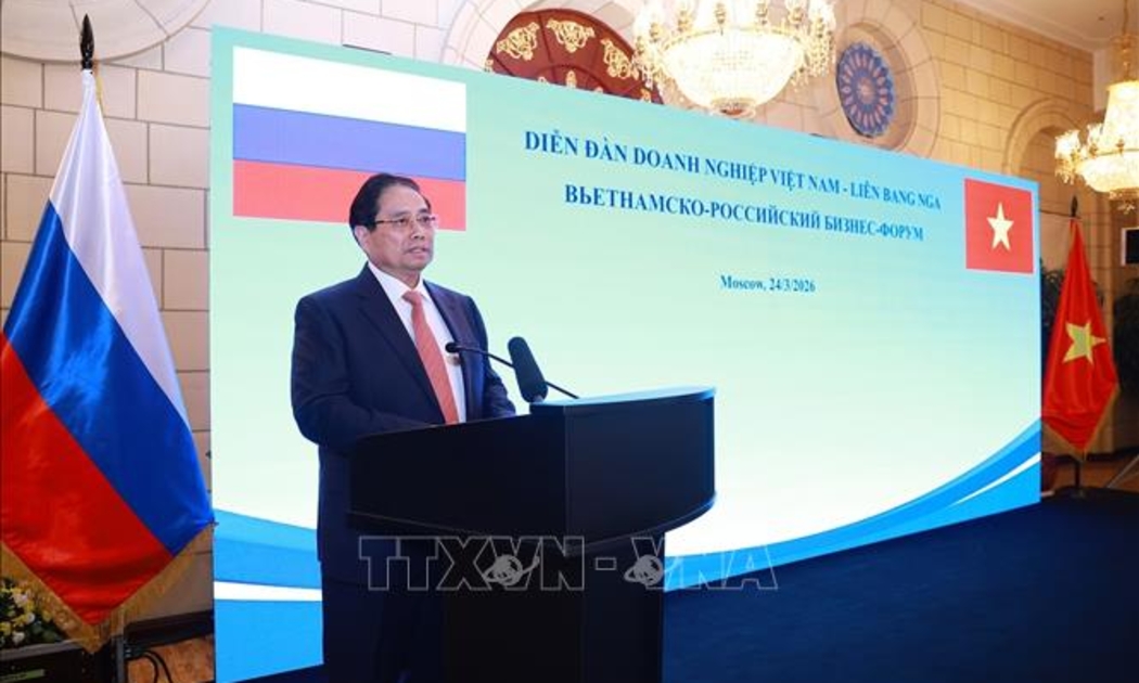 Thủ tướng Phạm Minh Chính phát biểu tại Diễn đàn doanh nghiệp Việt Nam - Liên bang Nga. Ảnh: TTXVN