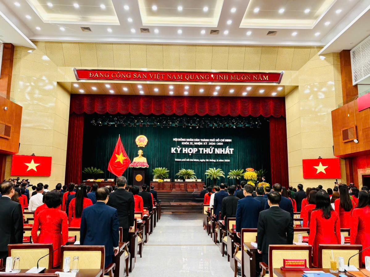 Các đại biểu HĐND Thành phố khóa XI thực hiện nghi thức chào cờ tại Kỳ họp - Ảnh: Cổng thông tin điện tử HĐND TP. Hồ Chí Minh.