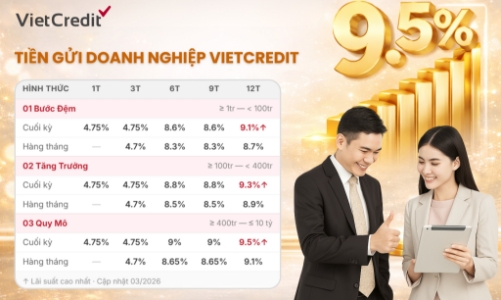 VietCredit: Tiền gửi doanh nghiệp với lãi suất lên tới 9,5%/năm