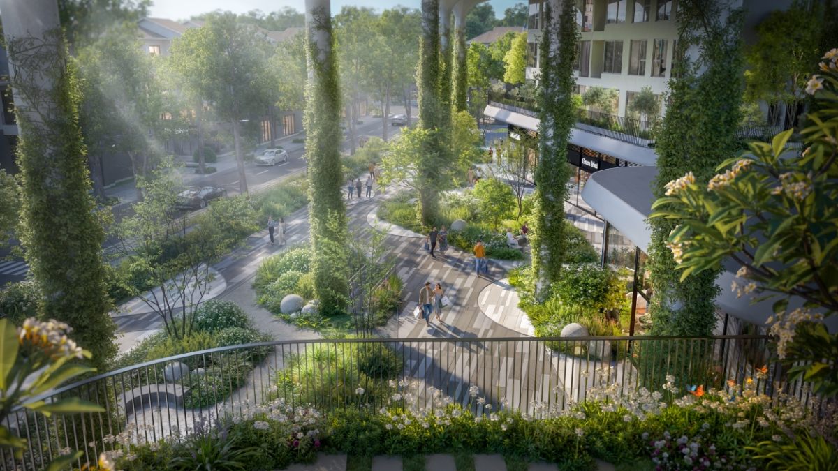 Cảnh quan nối liền 4 tòa tạo nên không gian xanh mát tại tầng 1 Forest Onsen.&nbsp;Ảnh phối cảnh:&nbsp;Ecopark.
