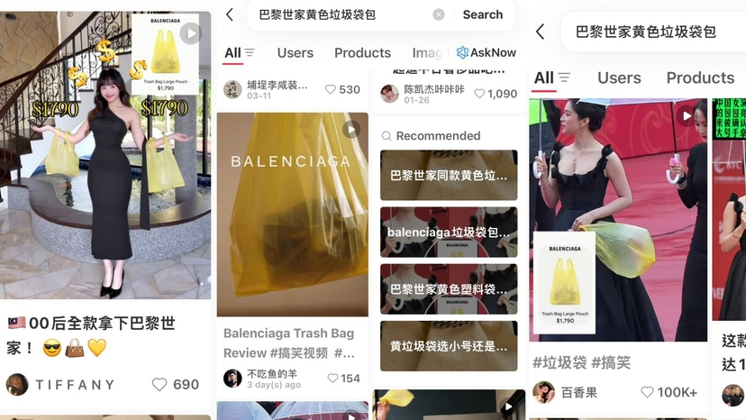 Các hashtag trên Xiaohongshu như “túi rác” hay “Balenciaga trash bag” thu hút hàng trăm triệu lượt xem.