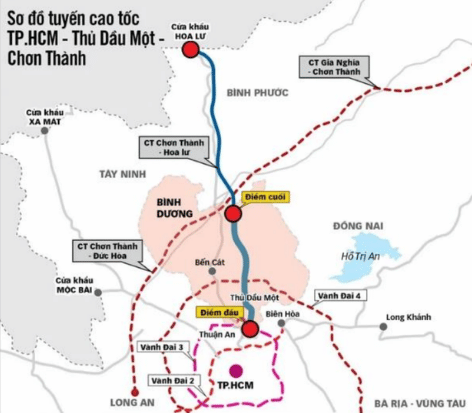 Sơ đồ cao tốc TP.HCM - Thủ Dầu Một - Chơn Thành. Nguồn: MBS Research – Vietnam Dynamics 2026. Nguồn: Tập đoàn BCONS.