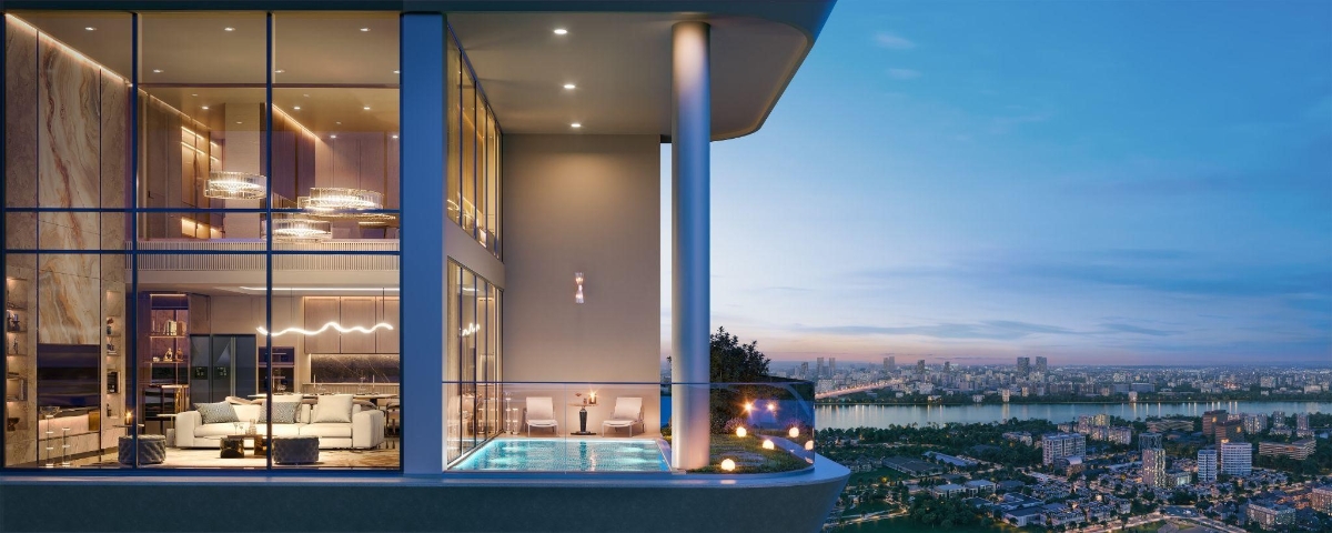 Mỗi căn duplex The Rey Edition đều được thiết kế ban công tích hợp hồ bơi và mảng sân vườn riêng tạo nên trải nghiệm sống như “nghỉ dưỡng tại gia”.&nbsp;Ảnh phối cảnh:&nbsp;Meygroup.