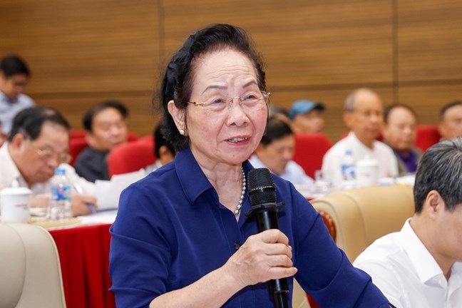 Bà Nguyễn Thị Doan - nguyên Phó Chủ tịch nước, Phó Chủ tịch không chuyên trách Ủy ban Trung ương Mặt trận Tổ quốc Việt Nam, Chủ tịch Hội Khuyến học Việt Nam phát biểu tại hội nghị. Ảnh: Mặt trận.